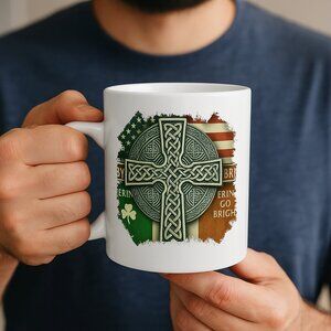 Irish Celtic Cross Coffee Mug: Patriotic Clover & American Flag (11oz) - NEW